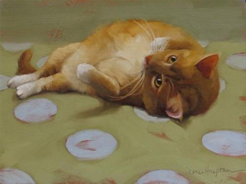 "Loafing orange kitty cat on blue dots, a new painting" original fine art by Diane Hoeptner "Loafing orange kitty cat on blue dots, a new painting" original fine art by Diane Hoeptner