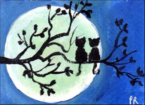 "Cats Moonwatching" original fine art by Patricia Ann Rizzo "Cats Moonwatching" original fine art by Patricia Ann Rizzo