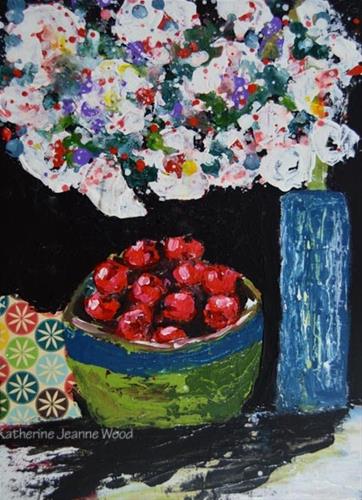 "Bowl of Cherries and Cherry Blossoms – Floral Painting No 88" original fine art by Katie Jeanne Wood "Bowl of Cherries and Cherry Blossoms – Floral Painting No 88" original fine art by Katie Jeanne Wood