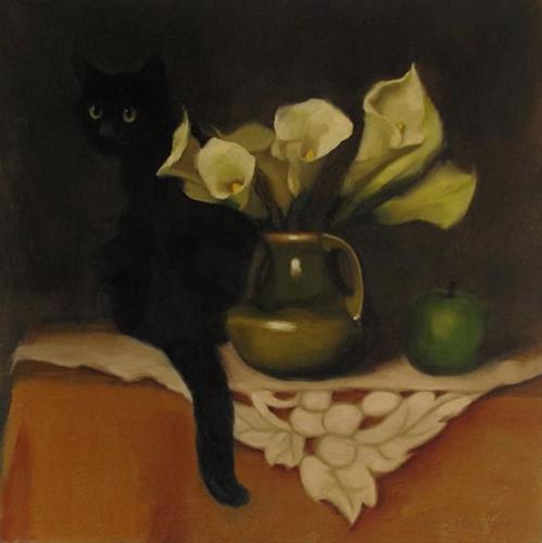 "Black Cat and Lilies floral still life with cat painting" original fine art by Diane Hoeptner "Black Cat and Lilies floral still life with cat painting" original fine art by Diane Hoeptner