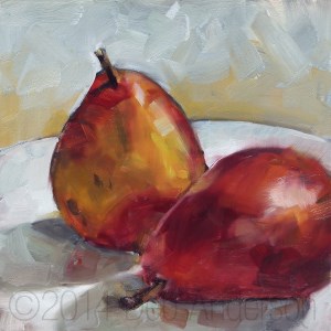 "Oil Painting: Red D’Anjou Pears" original fine art by Deb Anderson "Oil Painting: Red D’Anjou Pears" original fine art by Deb Anderson