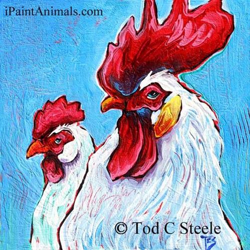 "Chicken Painting, Rooster Painting, Behind Every Good Rooster is a Good Hen (pecking) - 12x12 - by Tod C Steele" original fine art by Tod Steele "Chicken Painting, Rooster Painting, Behind Every Good Rooster is a Good Hen (pecking) - 12x12 - by Tod C Steele" original fine art by Tod Steele