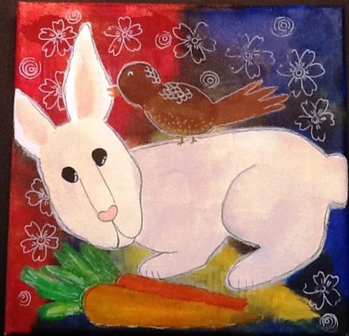 "RABBIT GETS A MESSAGE" original fine art by Cindy Zoglmann "RABBIT GETS A MESSAGE" original fine art by Cindy Zoglmann