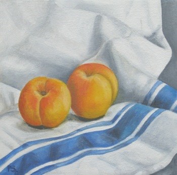 "Apricots on french tea cloth" original fine art by Pera Schillings "Apricots on french tea cloth" original fine art by Pera Schillings