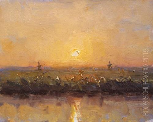 "Two Windmills and Sun" original fine art by Roos Schuring "Two Windmills and Sun" original fine art by Roos Schuring