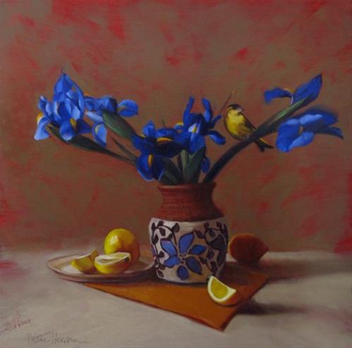 "Irises and Finch" original fine art by Diane Hoeptner "Irises and Finch" original fine art by Diane Hoeptner