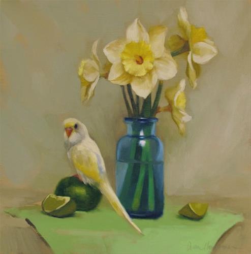 "Parakeet and Daffodils" original fine art by Diane Hoeptner "Parakeet and Daffodils" original fine art by Diane Hoeptner