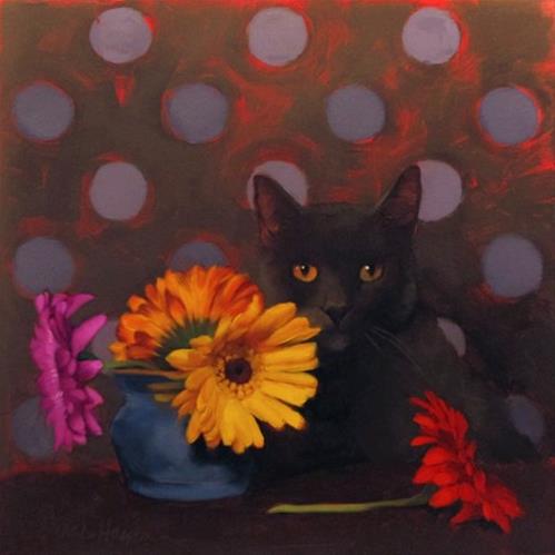 "Coco and Daisies floral still life with cat painting" original fine art by Diane Hoeptner "Coco and Daisies floral still life with cat painting" original fine art by Diane Hoeptner