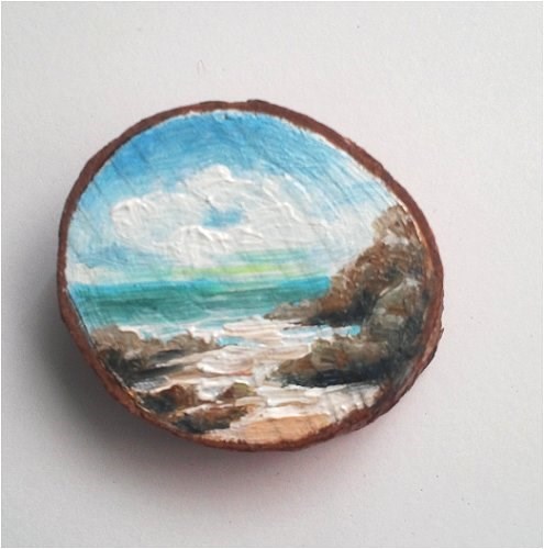 "Mini Oil Painting Beach on Wood Slice" original fine art by Camille Morgan "Mini Oil Painting Beach on Wood Slice" original fine art by Camille Morgan