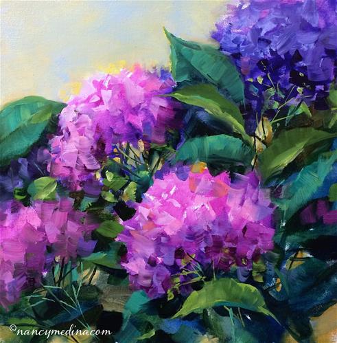 "Meet the Artist Tonight - White Hydrangea Color Burst - Flower Paintings by Nancy Medina" original fine art by Nancy Medina "Meet the Artist Tonight - White Hydrangea Color Burst - Flower Paintings by Nancy Medina" original fine art by Nancy Medina