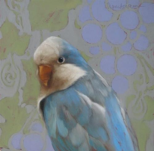 "Getting to Know You, painting of a Blue Quaker" original fine art by Diane Hoeptner "Getting to Know You, painting of a Blue Quaker" original fine art by Diane Hoeptner