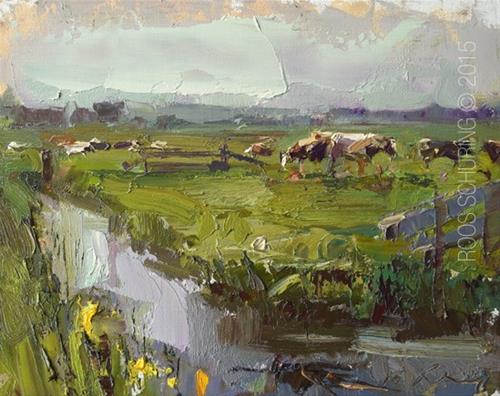 "Morning Impression and Cows" original fine art by Roos Schuring "Morning Impression and Cows" original fine art by Roos Schuring