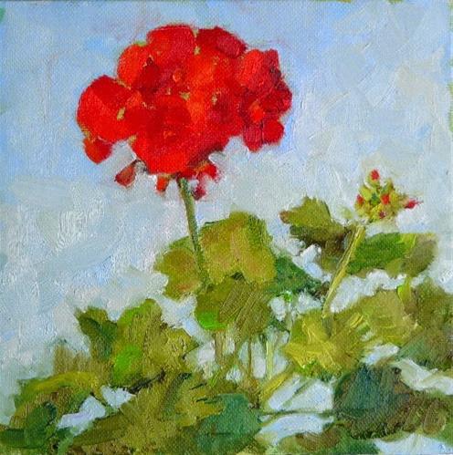 "Geranium in March,still life,oil on canvas,8x8,price$300" original fine art by Joy Olney "Geranium in March,still life,oil on canvas,8x8,price$300" original fine art by Joy Olney