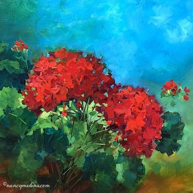 "Earth Child Geraniums - Flower Painting Classes and Videos by Nancy Medina Art" original fine art by Nancy Medina "Earth Child Geraniums - Flower Painting Classes and Videos by Nancy Medina Art" original fine art by Nancy Medina