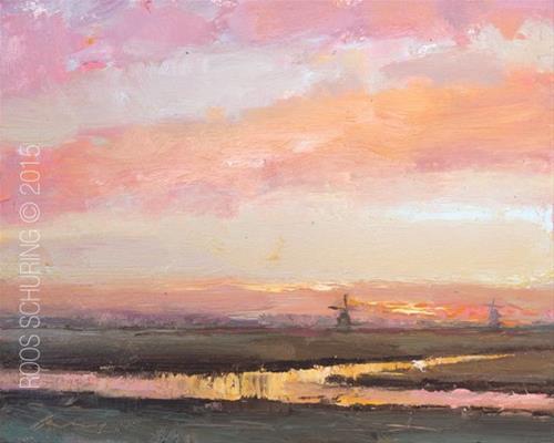 "Pink Sunrise and Windmills" original fine art by Roos Schuring "Pink Sunrise and Windmills" original fine art by Roos Schuring