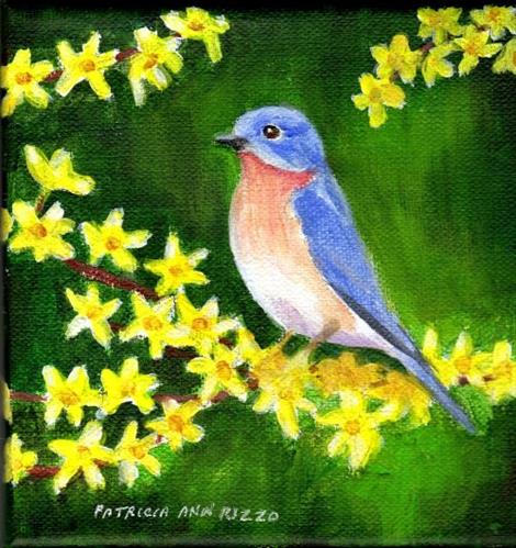 "Bluebird on Forsythia" original fine art by Patricia Ann Rizzo "Bluebird on Forsythia" original fine art by Patricia Ann Rizzo