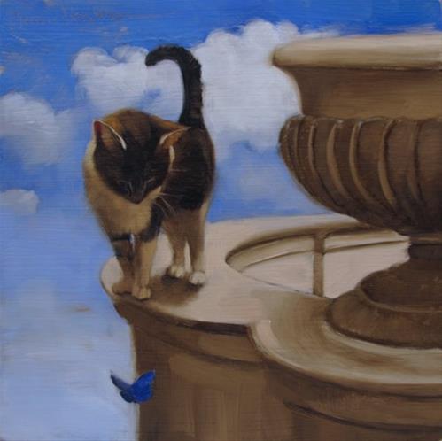 "Blue Butterfly and Cat" original fine art by Diane Hoeptner "Blue Butterfly and Cat" original fine art by Diane Hoeptner