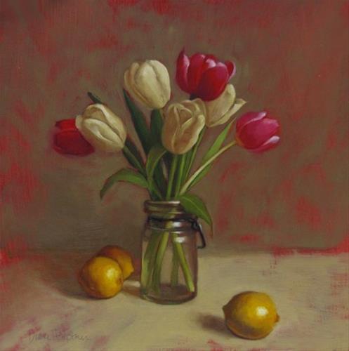 "Red and Whites, tulip still life painting with lemons" original fine art by Diane Hoeptner "Red and Whites, tulip still life painting with lemons" original fine art by Diane Hoeptner