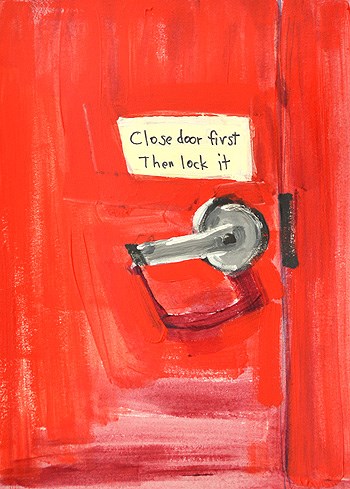 "Red Door, Helpful Sign" original fine art by Kevin Inman "Red Door, Helpful Sign" original fine art by Kevin Inman