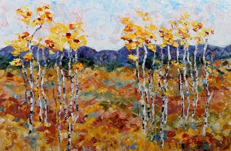 "Original Palette Knife Aspen Tree Landscape Painting Trail Head by Colorado Impressionist Judith" original fine art by Judith Babcock "Original Palette Knife Aspen Tree Landscape Painting Trail Head by Colorado Impressionist Judith" original fine art by Judith Babcock