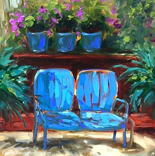 "Sit a Spell - Flower Garden Paintings by Nancy Medina Art" original fine art by Nancy Medina "Sit a Spell - Flower Garden Paintings by Nancy Medina Art" original fine art by Nancy Medina