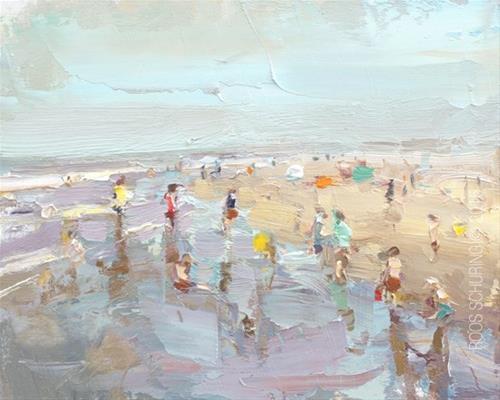 "Seascape Pleinair “Invasion of the Tiny – Kids Crowding the Shoreline”" original fine art by Roos Schuring "Seascape Pleinair “Invasion of the Tiny – Kids Crowding the Shoreline”" original fine art by Roos Schuring
