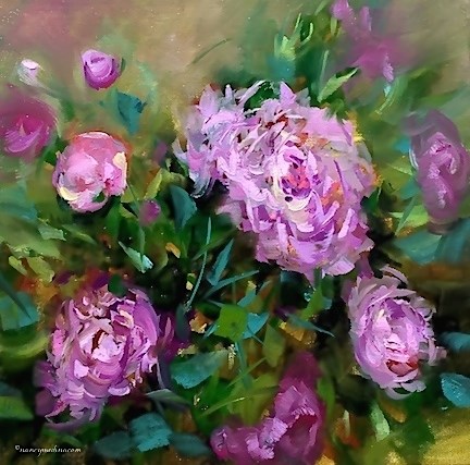 "Ballet Slipper Pink Peonies and the Birds and the Bees - Flower Painting Classes and Workshops by Na" original fine art by Nancy Medina "Ballet Slipper Pink Peonies and the Birds and the Bees - Flower Painting Classes and Workshops by Na" original fine art by Nancy Medina