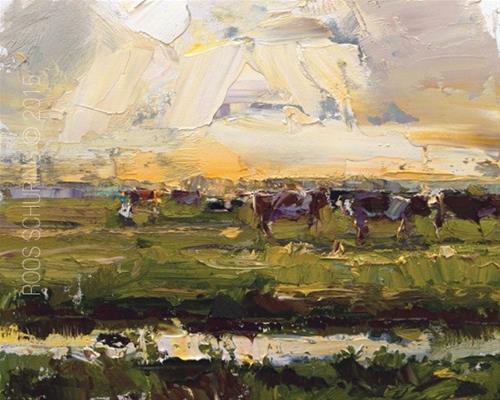 "Landscape Sunset and Cows (sold)" original fine art by Roos Schuring "Landscape Sunset and Cows (sold)" original fine art by Roos Schuring