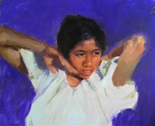 "young girl/white blouse/ blue background" original fine art by Richard Schiele "young girl/white blouse/ blue background" original fine art by Richard Schiele