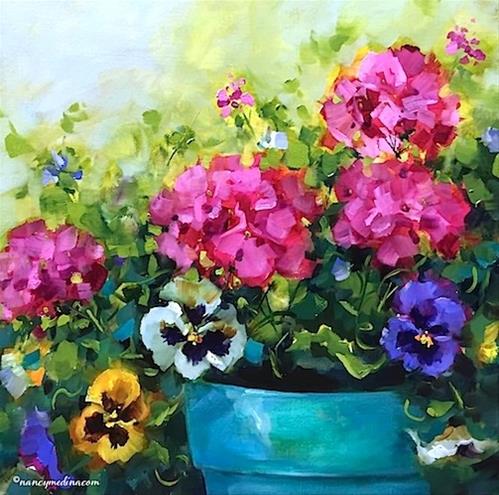 "Garden Remnants Geraniums and Pansies by Nancy Medina" original fine art by Nancy Medina "Garden Remnants Geraniums and Pansies by Nancy Medina" original fine art by Nancy Medina