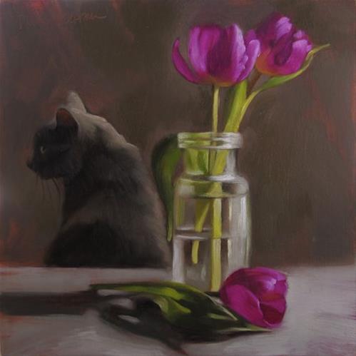"Coco and Tulips, also How to Paint Clear Glass" original fine art by Diane Hoeptner "Coco and Tulips, also How to Paint Clear Glass" original fine art by Diane Hoeptner