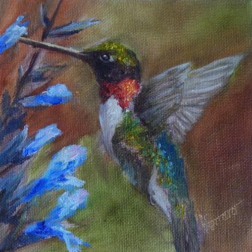 "Hummingbird w/ blue flower" original fine art by Lina Ferrara "Hummingbird w/ blue flower" original fine art by Lina Ferrara