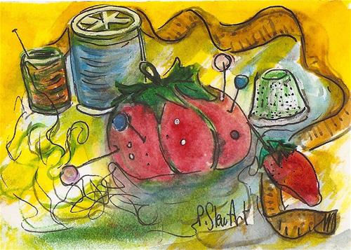 "ACEO Sewing Stuff Thread Tomato Pin Cushion Measuring Tape Penny StewArt" original fine art by Penny Lee StewArt "ACEO Sewing Stuff Thread Tomato Pin Cushion Measuring Tape Penny StewArt" original fine art by Penny Lee StewArt