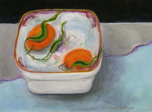 "Heirloom 8 Two Kumquats in Square Dish" original fine art by Maud Guilfoyle "Heirloom 8 Two Kumquats in Square Dish" original fine art by Maud Guilfoyle