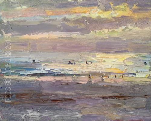 "Seascape Sunset and Surfers" original fine art by Roos Schuring "Seascape Sunset and Surfers" original fine art by Roos Schuring