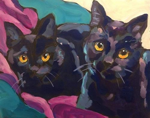 "Two Shiny Black Cats" original fine art by Kat Corrigan "Two Shiny Black Cats" original fine art by Kat Corrigan