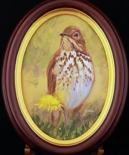 "Hermit Thrush and Her Dandelion, framed" original fine art by Jamie Williams Grossman "Hermit Thrush and Her Dandelion, framed" original fine art by Jamie Williams Grossman