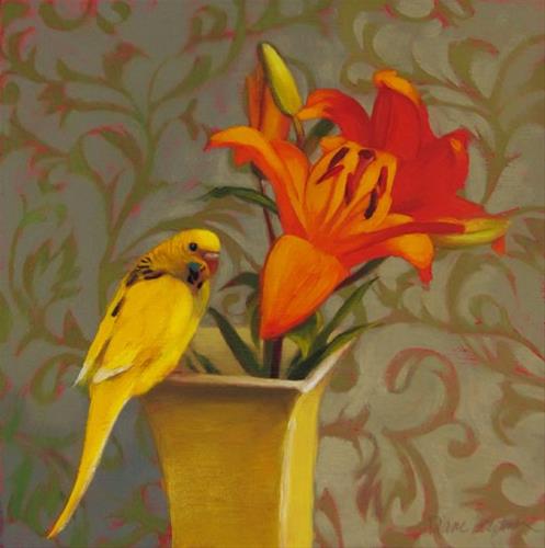 "Parakeet and Lilies, and a brief ramble on painting dark values" original fine art by Diane Hoeptner "Parakeet and Lilies, and a brief ramble on painting dark values" original fine art by Diane Hoeptner