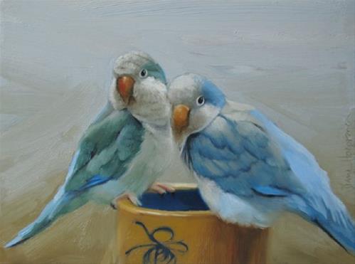 "Perched, painting pair of birds on antique crock" original fine art by Diane Hoeptner "Perched, painting pair of birds on antique crock" original fine art by Diane Hoeptner