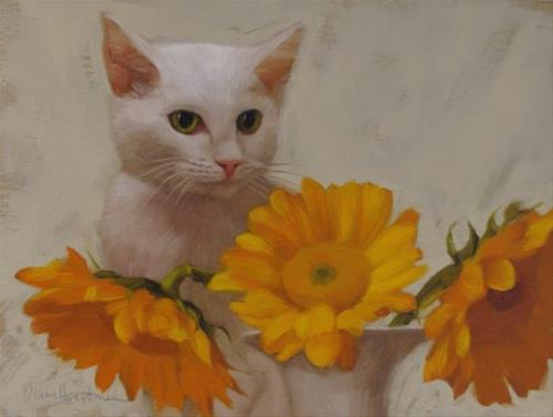 "Ivory Sees painting of white cat behind sunflowers" original fine art by Diane Hoeptner "Ivory Sees painting of white cat behind sunflowers" original fine art by Diane Hoeptner