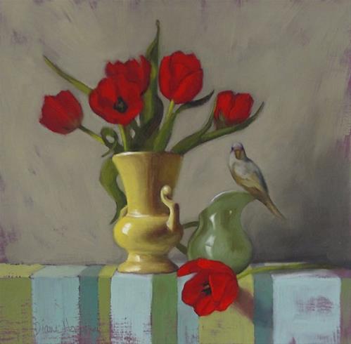 "Shape of Things, floral still life with small bird painting" original fine art by Diane Hoeptner "Shape of Things, floral still life with small bird painting" original fine art by Diane Hoeptner