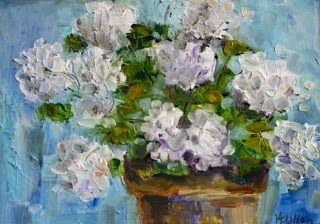 "White Geraniums" original fine art by Maggie Flatley "White Geraniums" original fine art by Maggie Flatley