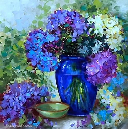 "Blue Heaven Hydrangeas and Tough Choices in the Garden - Flower Painting Classes and Workshops by Na" original fine art by Nancy Medina "Blue Heaven Hydrangeas and Tough Choices in the Garden - Flower Painting Classes and Workshops by Na" original fine art by Nancy Medina