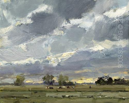 "Evening Landscape Cows Far Away" original fine art by Roos Schuring "Evening Landscape Cows Far Away" original fine art by Roos Schuring