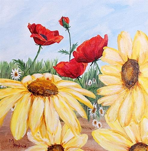 "Contemporary Flower Art Painting Poppy Daisy, Sunkissed by Mary Arneson Art-Works of Whimsy" original fine art by Mary Arneson "Contemporary Flower Art Painting Poppy Daisy, Sunkissed by Mary Arneson Art-Works of Whimsy" original fine art by Mary Arneson