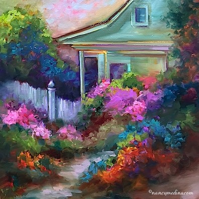 "Pink Azalea Cottage and My Great-Grandmother's House" original fine art by Nancy Medina "Pink Azalea Cottage and My Great-Grandmother's House" original fine art by Nancy Medina