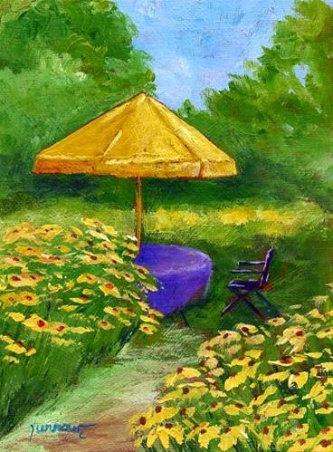 "ORIGINAL PAINTING OF GARDEN WITH YELLOW UMBRELLA" original fine art by Sue Furrow "ORIGINAL PAINTING OF GARDEN WITH YELLOW UMBRELLA" original fine art by Sue Furrow