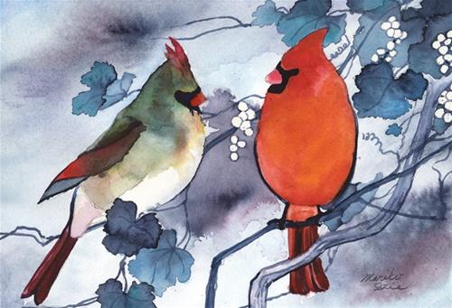 "Cardinals Chattering" original fine art by Mariko Irie "Cardinals Chattering" original fine art by Mariko Irie