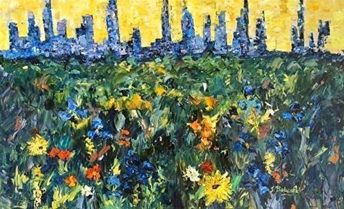 "Palette Knife Denver Skyline Cityscape Painting Spirit of the City II by Colorado Impressionist Ju" original fine art by Judith Babcock "Palette Knife Denver Skyline Cityscape Painting Spirit of the City II by Colorado Impressionist Ju" original fine art by Judith Babcock