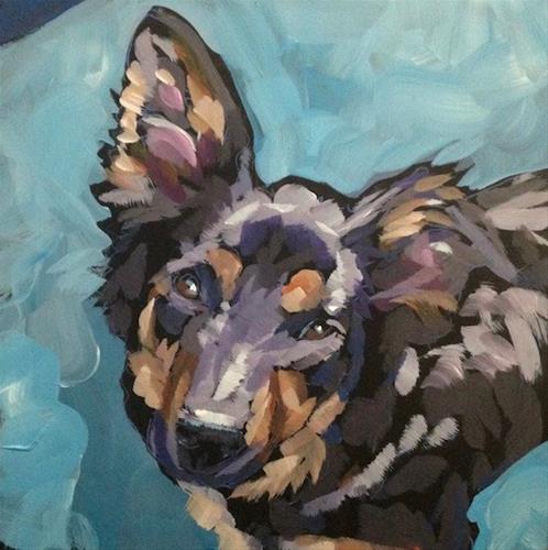 "Play Cafe Pup" original fine art by Kat Corrigan "Play Cafe Pup" original fine art by Kat Corrigan
